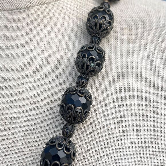 VIntage 1950s Black Beaded Statement Necklace Goth whimsygoth Antique - Picture 3 of 11